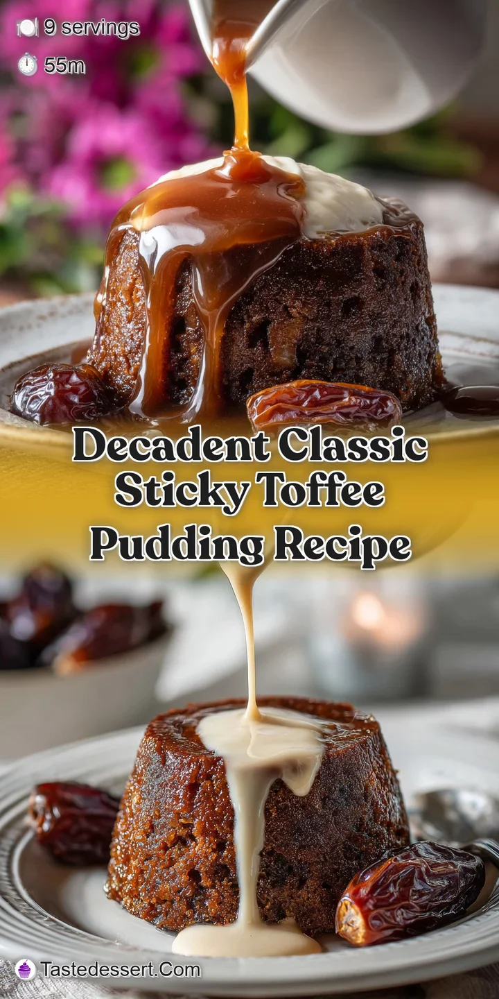 Close-up view of warm, gooey sticky toffee pudding, the caramel sauce oozing down the sides, promising a sweet and comfort...