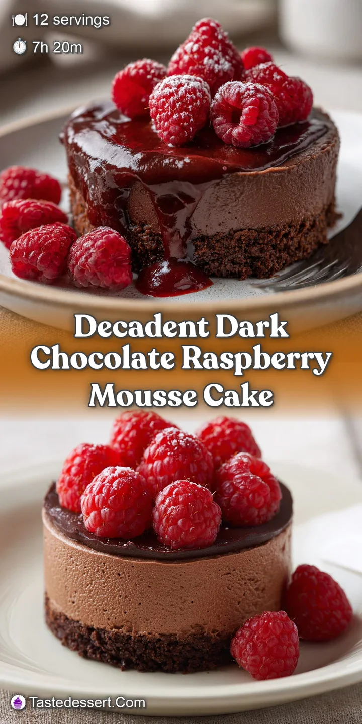 Close-up of a decadent chocolate raspberry mousse cake showcasing its creamy texture, rich color, and juicy burst of fresh...