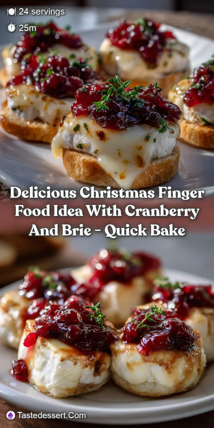 Close-up of a warm, melted brie bite topped with vibrant red cranberry sauce and flaky, golden pastry. Appealing textures ...