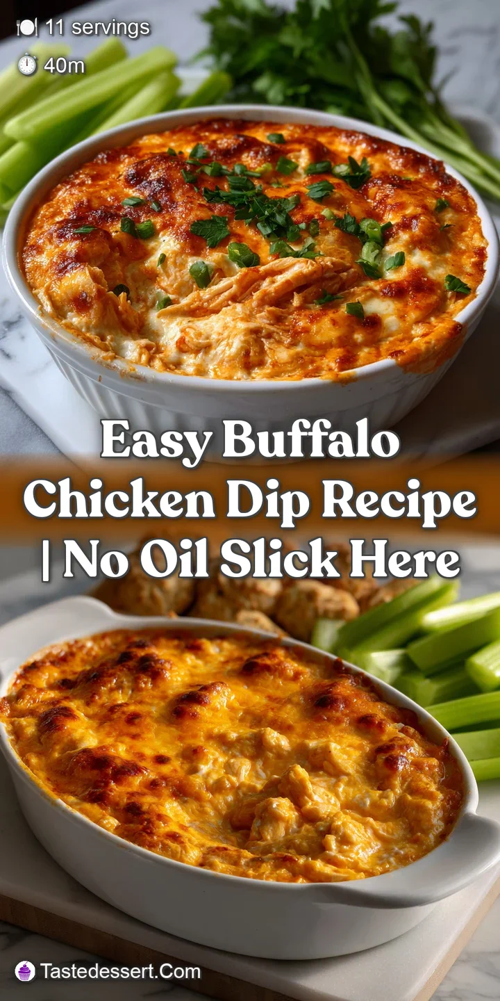 Close-up of a bubbling, cheesy buffalo chicken dip, swirled with red buffalo sauce and speckled with green herbs; a tempti...