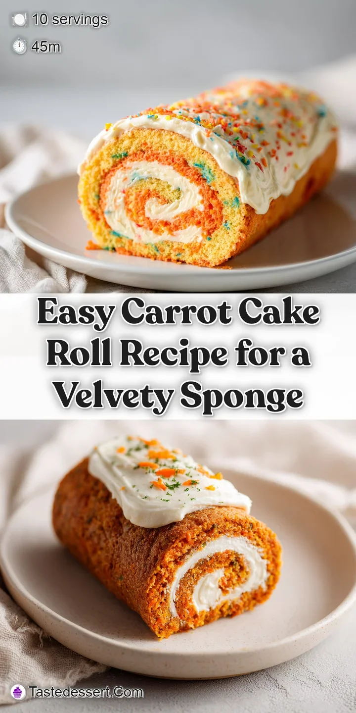 Close-up of a carrot cake roll slice revealing moist cake texture and rich cream cheese filling. Light catches on the suga...