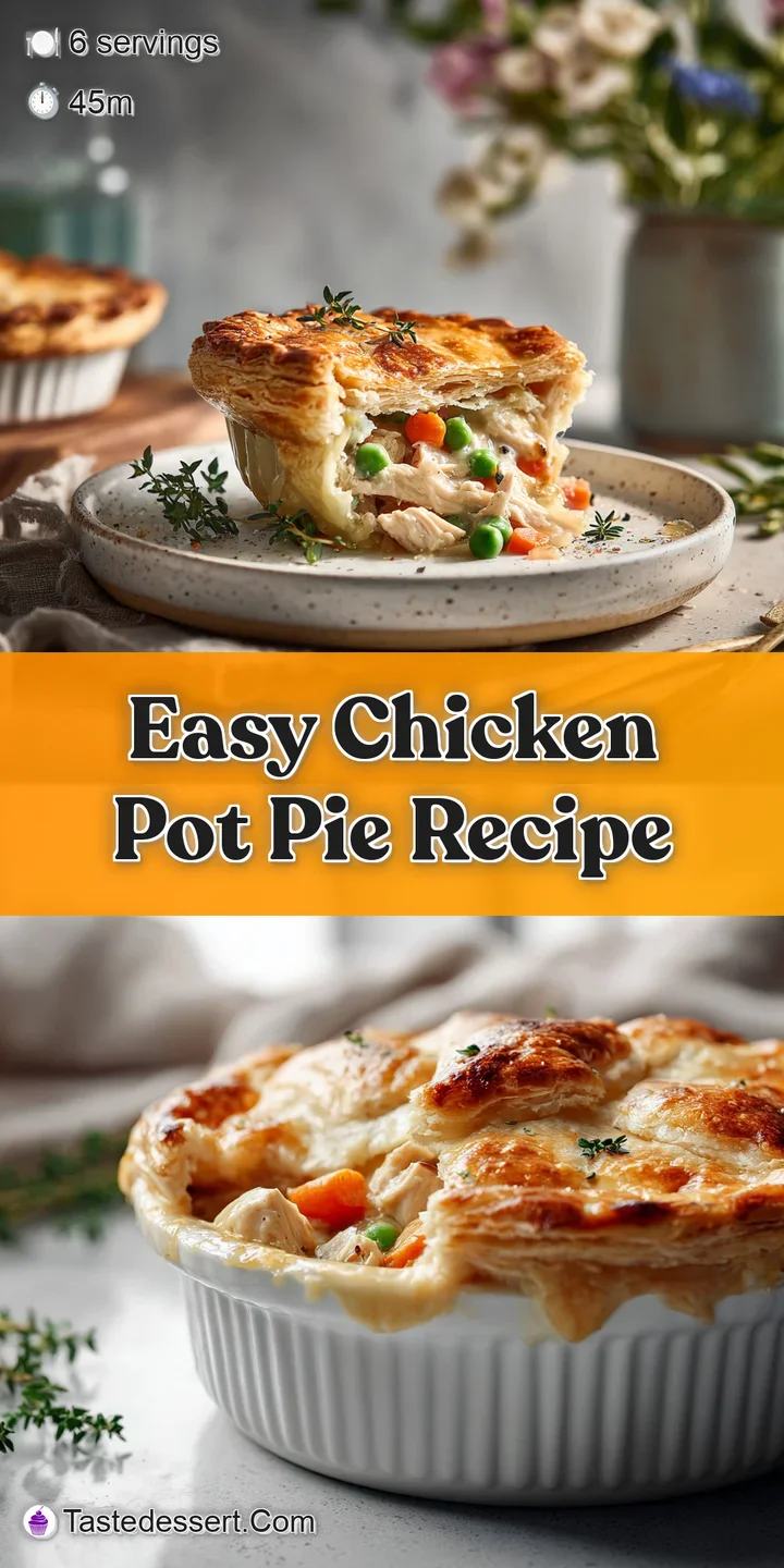 Close-up of a warm, comforting chicken pot pie with a buttery, textured crust. Visible steam hints at a hearty, flavorful ...