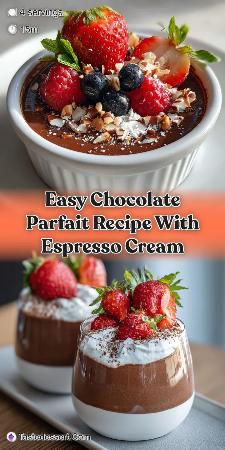 Close-up of a decadent chocolate parfait with visible layers of creamy chocolate, airy whipped cream, and crunchy chocolat...