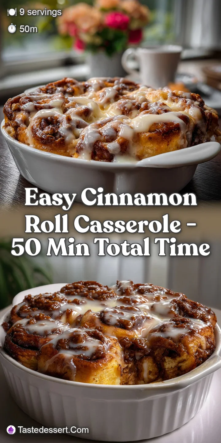 Close-up of a warm, gooey cinnamon roll casserole with a rich, velvety custard. Cinnamon sugar glistens, enticing with eve...