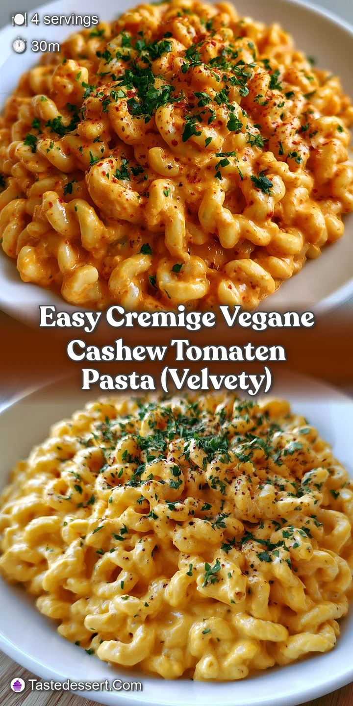 Close-up of velvety, orange-red cream sauce coating pasta noodles with a dusting of nutritional yeast and herbs.