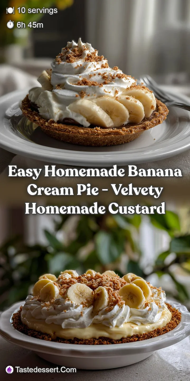Creamy, golden custard filling overflowing a flaky, buttery crust, topped with a swirl of fresh whipped cream and banana s...
