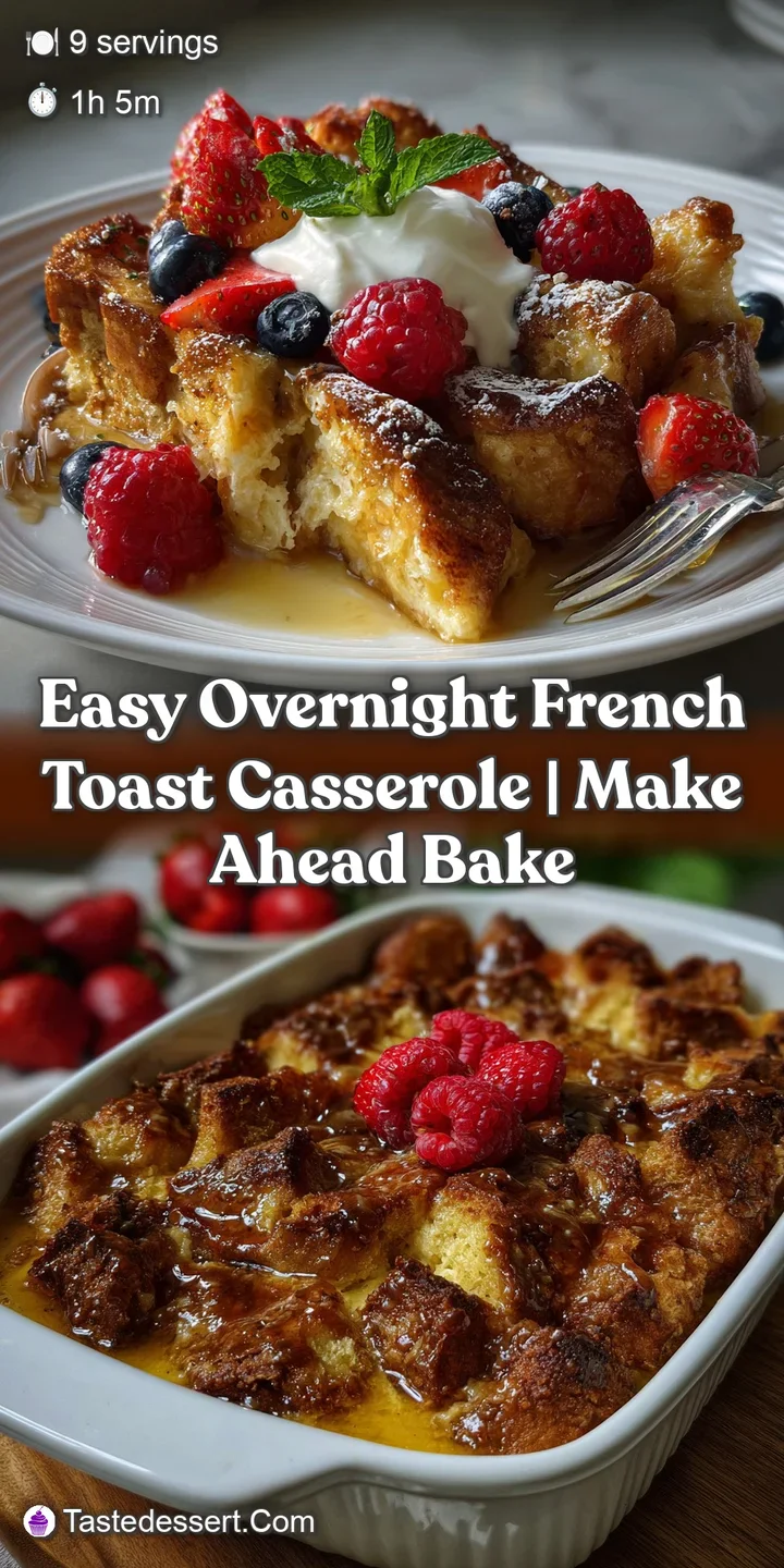 Close-up of a single cube of overnight French toast casserole. The creamy custard filling glistens, showcasing a beautiful...