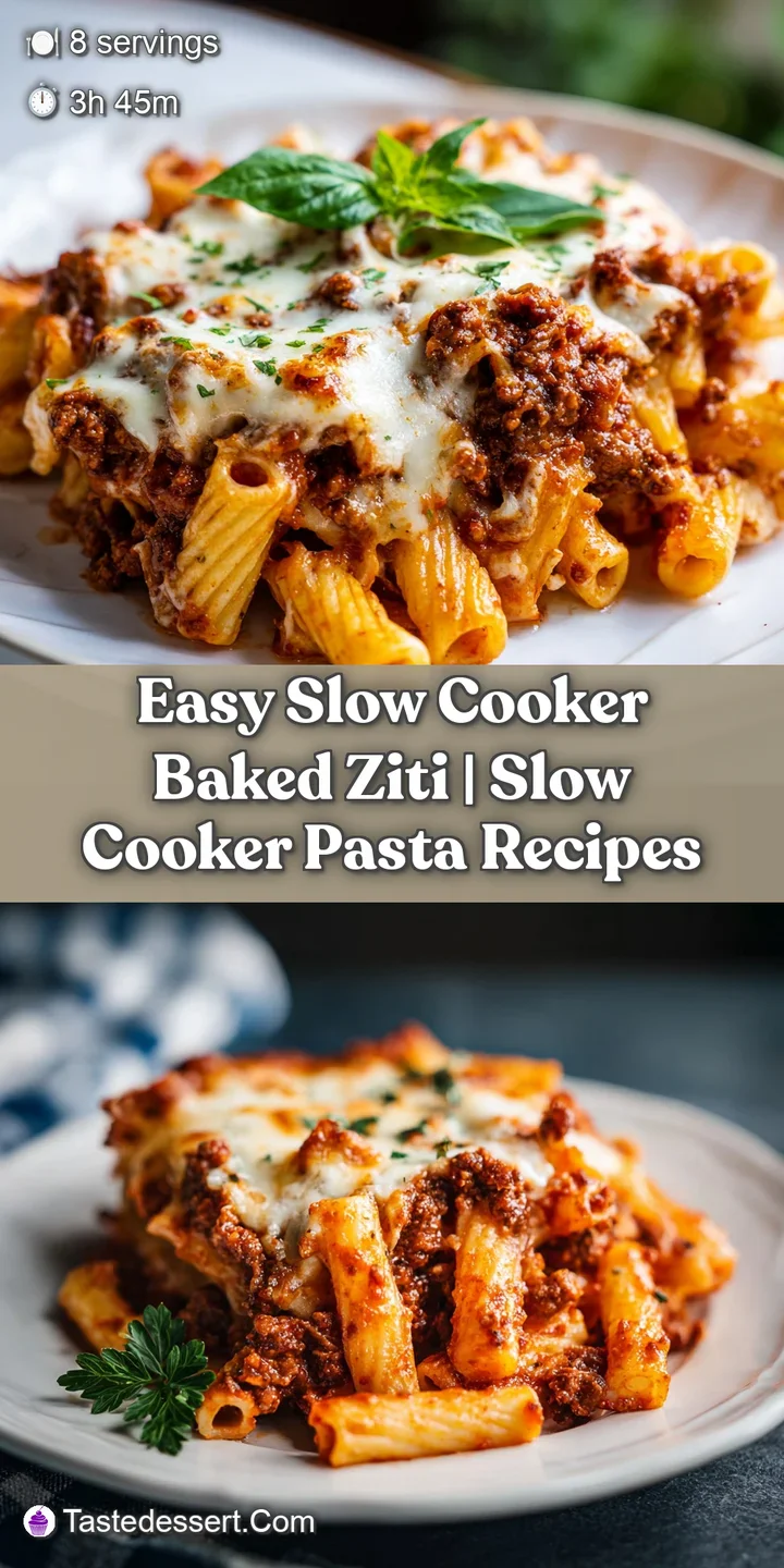 Close-up of gooey melted mozzarella stretching over tender ziti noodles and savory tomato sauce.