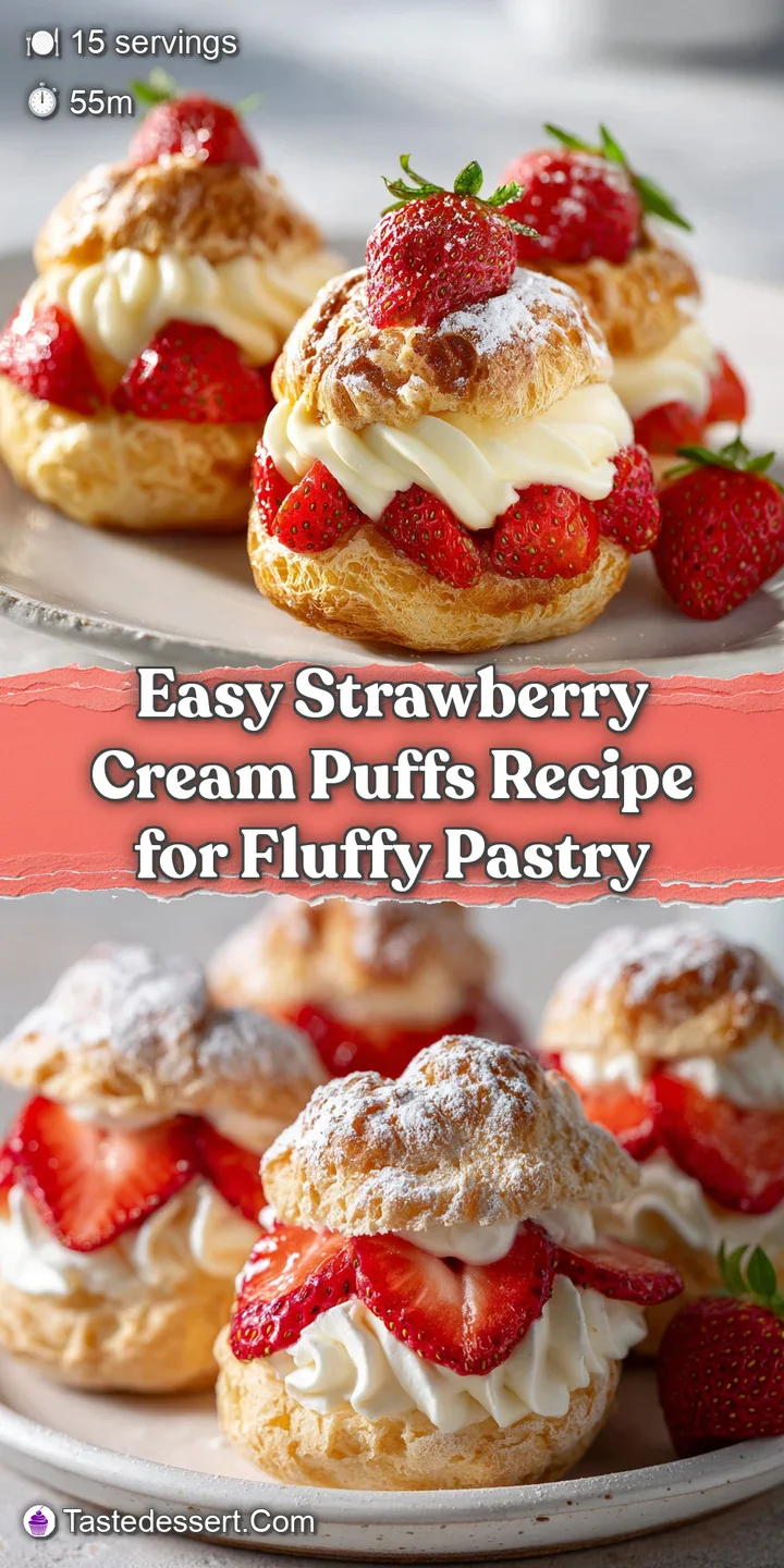 Close-up reveals a cream puff's airy shell; lush, pink strawberry cream filling, flecked with fresh strawberry pieces.