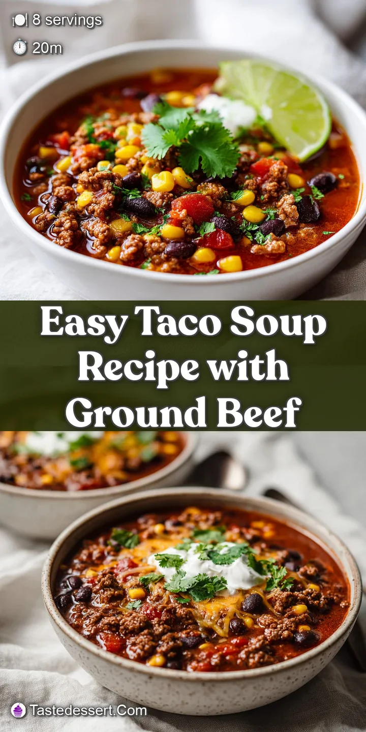 Close-up of hearty taco soup brimming with seasoned ground beef, vibrant tomatoes, corn kernels, and a melted cheese pull.
