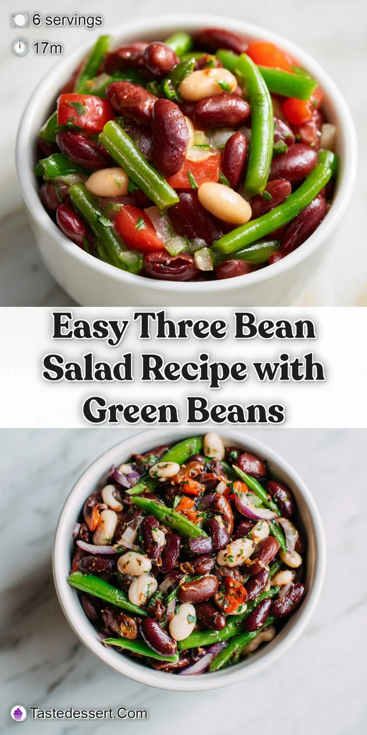 A close-up captures the textures of a fresh three-bean salad. Green beans, kidney beans, and cannellini beans shine with h...