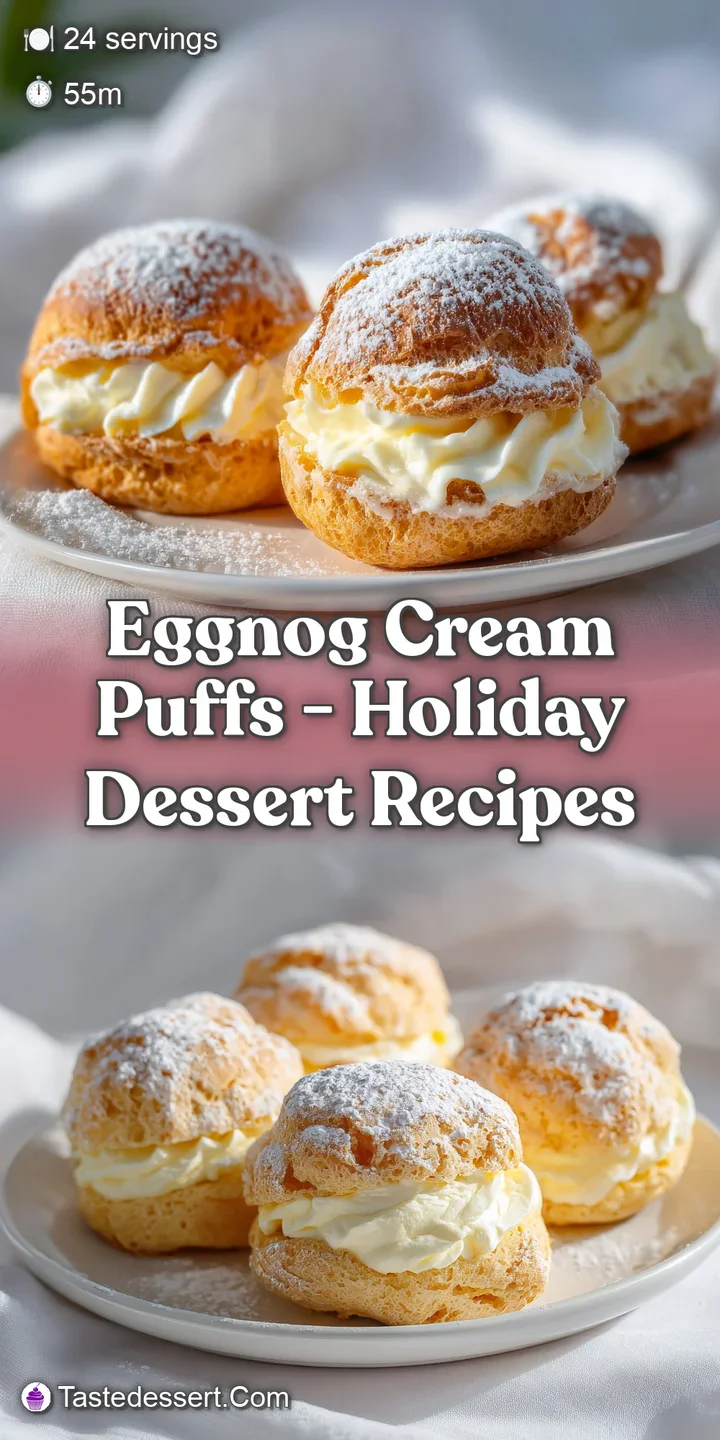 Close-up of a light, airy cream puff with a hint of nutmeg spice, revealing a creamy, luscious eggnog filling bursting forth.