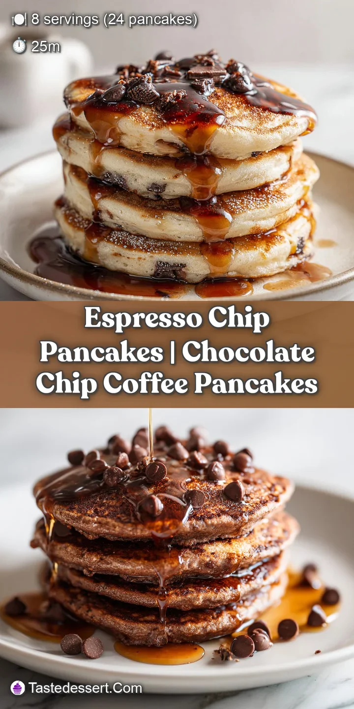 Close-up of fluffy pancake edges with gooey melted chocolate chips and shimmering syrup dripping down the side.