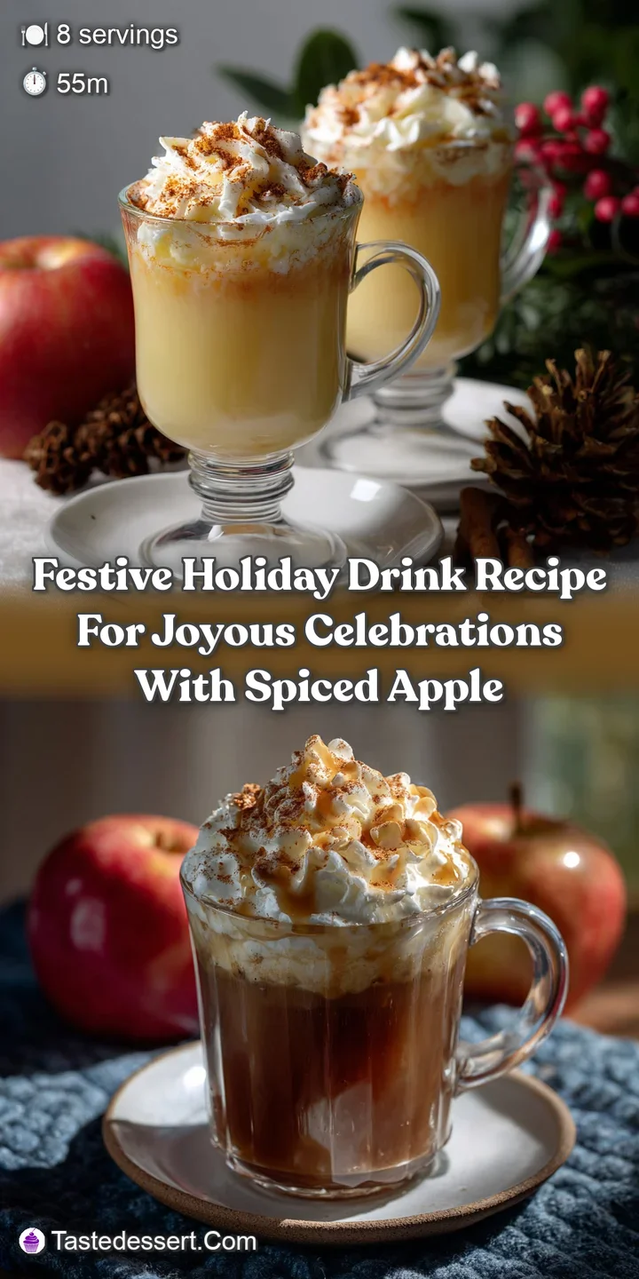 Close-up of a steaming, spiced apple drink showcasing rich amber hues, textured with floating fruit pieces, hinting at war...