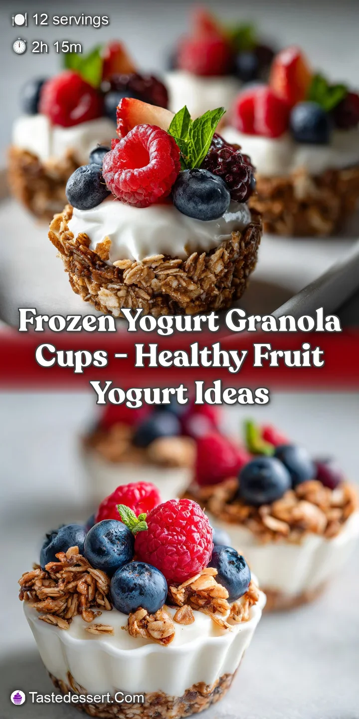 Close-up of a frozen yogurt cup: creamy pink swirls peek from beneath a golden, crispy granola topping, promising a refres...