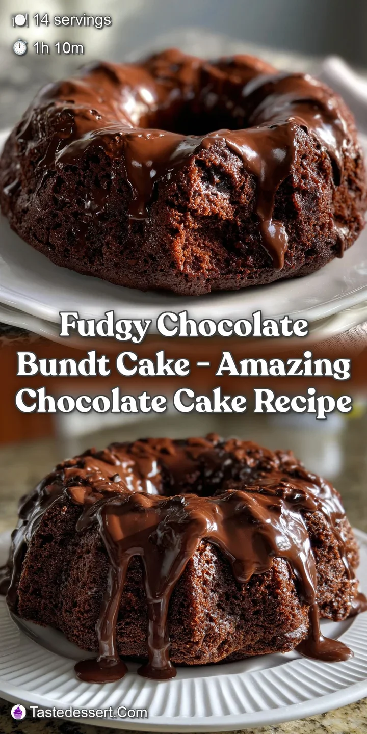 Dark chocolate bundt cake with a rich, velvety crumb, dusted with powdered sugar, and a hint of a glossy, deep brown sheen.