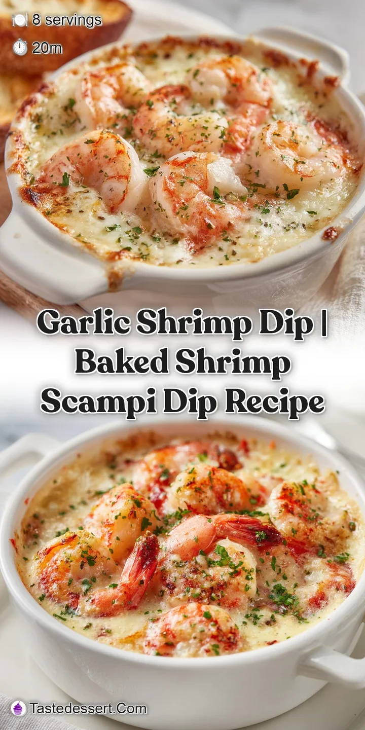 Close-up of succulent pink shrimp nestled in a rich, creamy, golden-baked dip with a hint of green herbs.