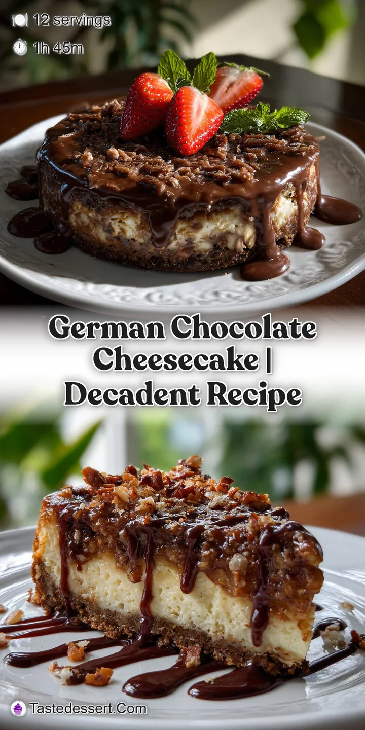Close-up: Creamy cheesecake filling swirled with chocolate, topped with glistening coconut flakes and chocolate ganache dr...