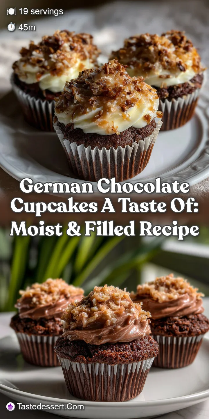 Close-up of a cupcake revealing a fluffy, dark chocolate crumb, swirled with a generous amount of coconut pecan frosting; ...