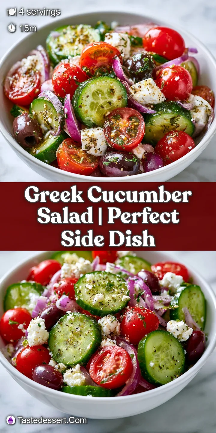 Close-up of glistening olive oil on crisp cucumber slices, juicy tomatoes, and crumbled feta with kalamata olives.
