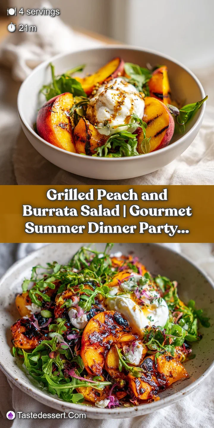 Close-up of oozing burrata cheese spilling over smoky, grilled peach slices with a balsamic sheen.