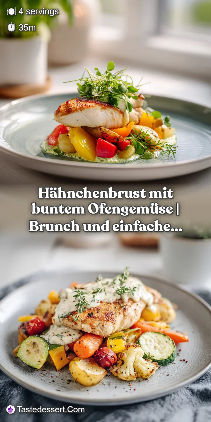 Juicy, golden-brown chicken breast with caramelized edges, surrounded by a rainbow of soft, roasted root vegetables and he...