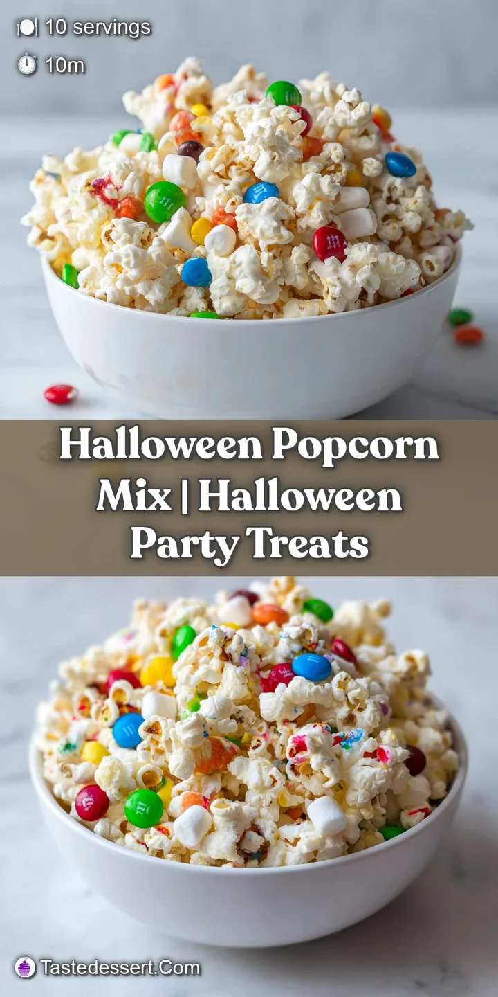 Close-up of fluffy popcorn kernels coated in glossy orange chocolate and topped with tiny, colorful candy pieces.