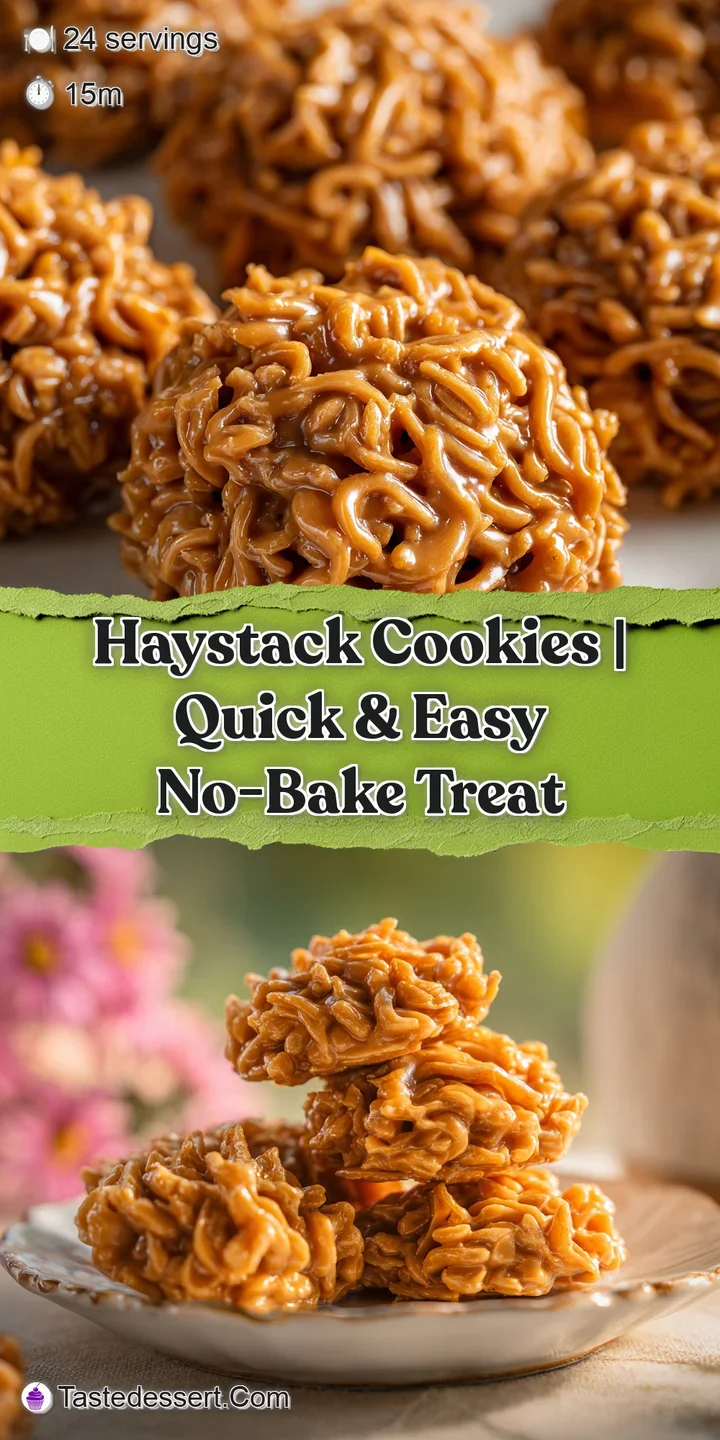 Close-up of a haystack cookie reveals butterscotch sheen & noodle texture. Captures the cookie's crunchy, tempting, and un...