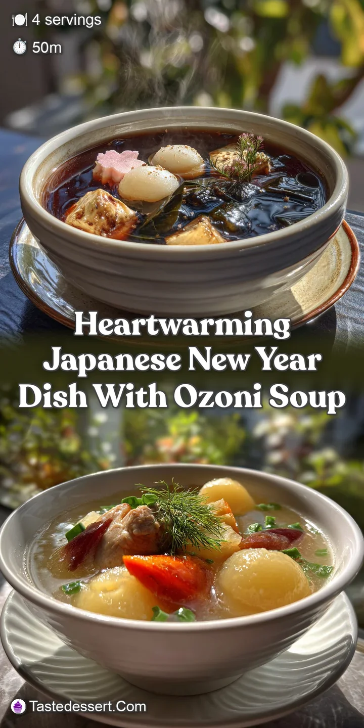 Close-up of bubbling Ozoni soup, highlighting the soft, chewy mochi and the rich, umami-laden broth with wisps of steam.