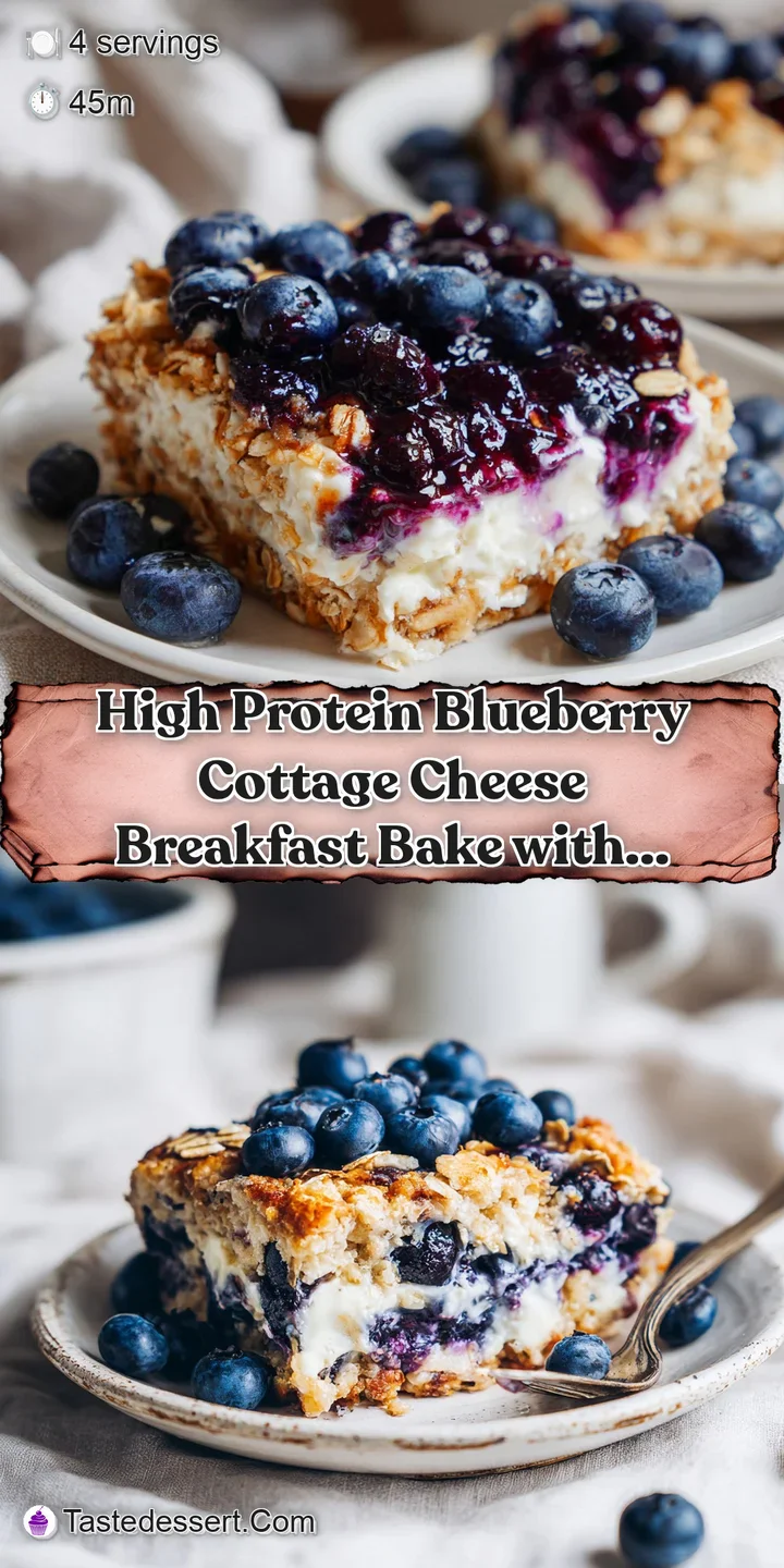 Close-up of warm, fluffy cottage cheese bake with juicy blueberries throughout, showing creamy texture.