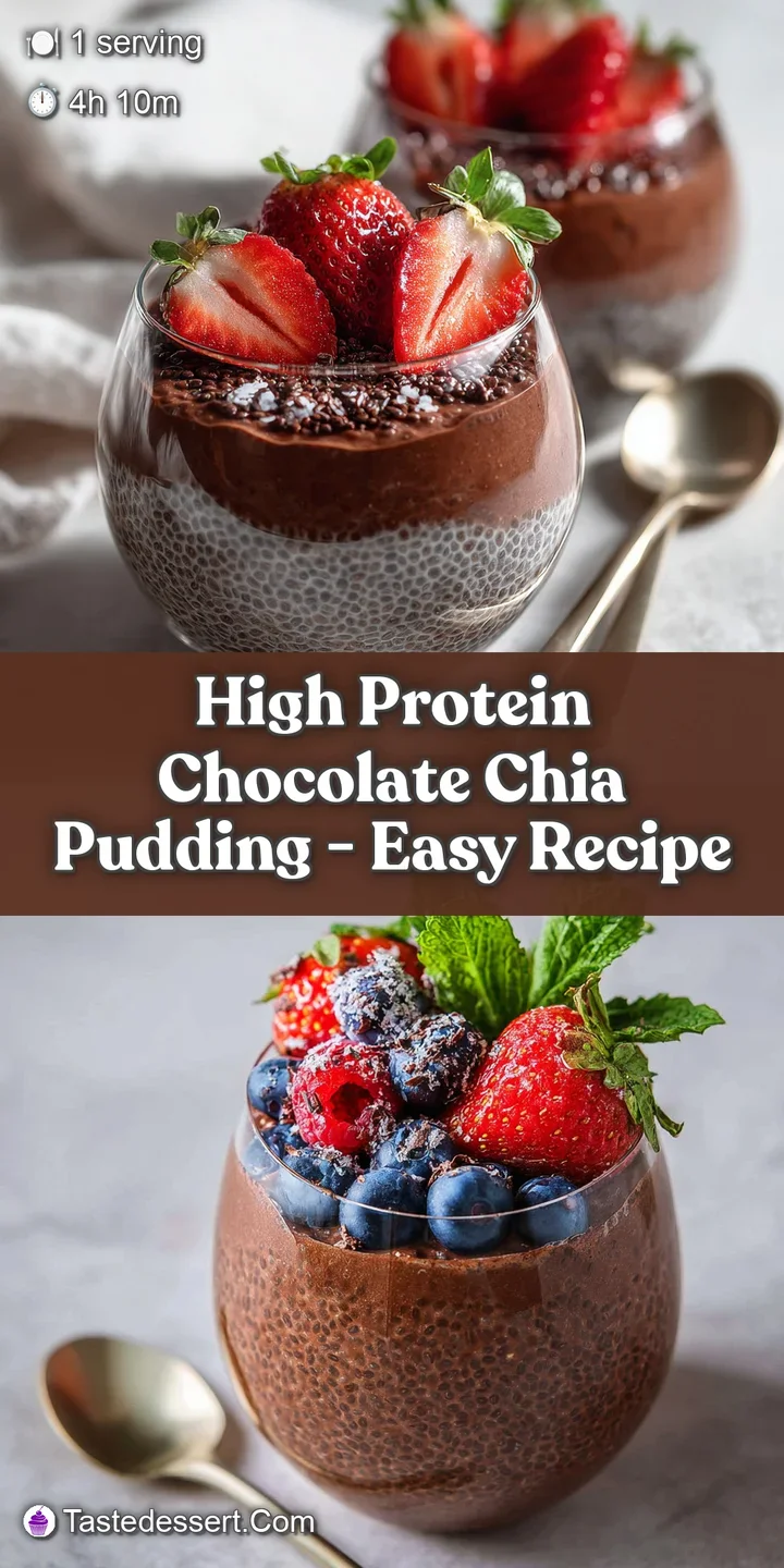 Close-up: Rich, dark chocolate chia pudding with a smooth, glossy surface sprinkled with crunchy cacao nibs and plump rasp...
