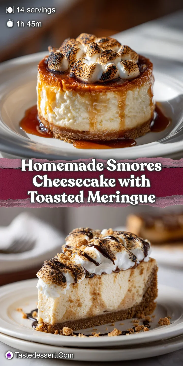 Close-up captures the gooey texture of toasted meringue and rich chocolate on a smore's cheesecake slice, highlighting its...