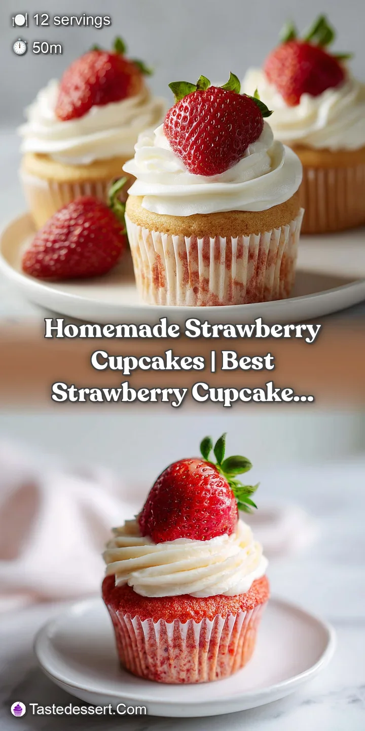 Close-up of a moist, vanilla cupcake with a bright pink frosting swirl and plump, juicy strawberry chunks.