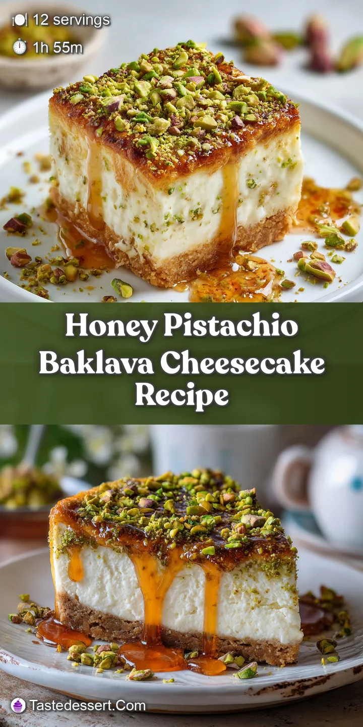 Close-up of honey-soaked baklava cheesecake, layers of flaky pastry and creamy filling, with glistening chopped pistachios.