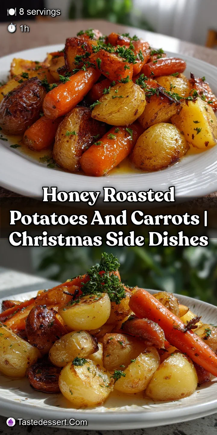 Close-up of glistening honey-glazed carrots and golden, crispy roasted potatoes, showcasing a tantalizing texture with steam.