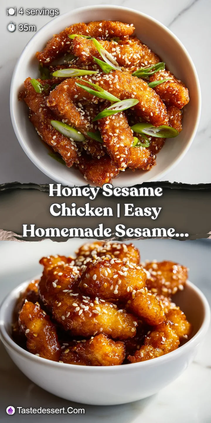 Close-up of perfectly crisped, tender chicken bites coated in a rich, amber honey glaze, dotted with sesame.