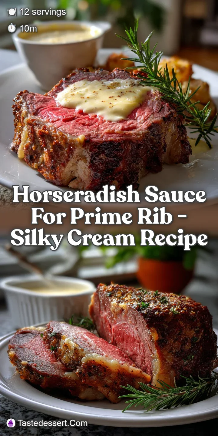 Close-up of creamy white horseradish sauce, showing a perfect, thick texture, next to a rich, marbled prime rib slice; rea...
