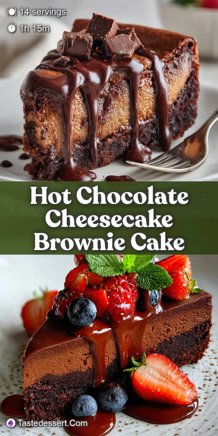 Close-up reveals the soft, gooey texture of the dark chocolate brownie and creamy cheesecake layers with hot fudge ripples.