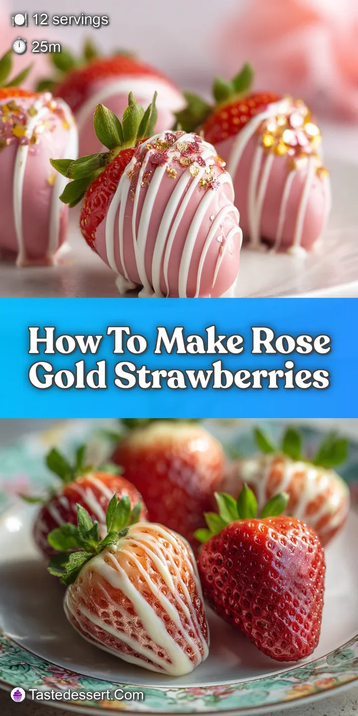 Close-up of a glistening rose gold strawberry, showing the smooth, reflective coating and sparkly edible glitter. Irresist...