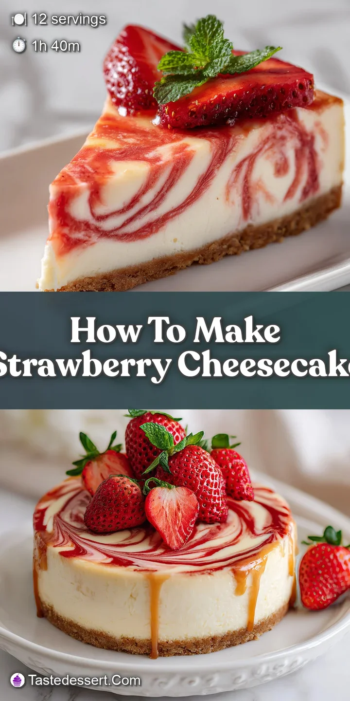 Close-up of a luscious strawberry cheesecake. Visible are the smooth cream cheese filling and juicy, glistening strawberry...