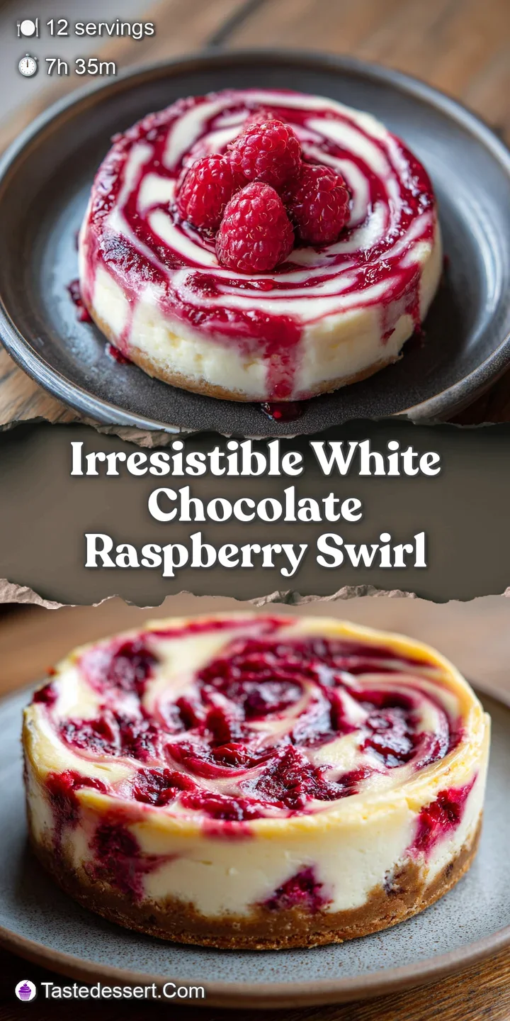 Close-up reveals the cheesecake's smooth texture, flecks of red raspberry, and hints of melted white chocolate perfection.