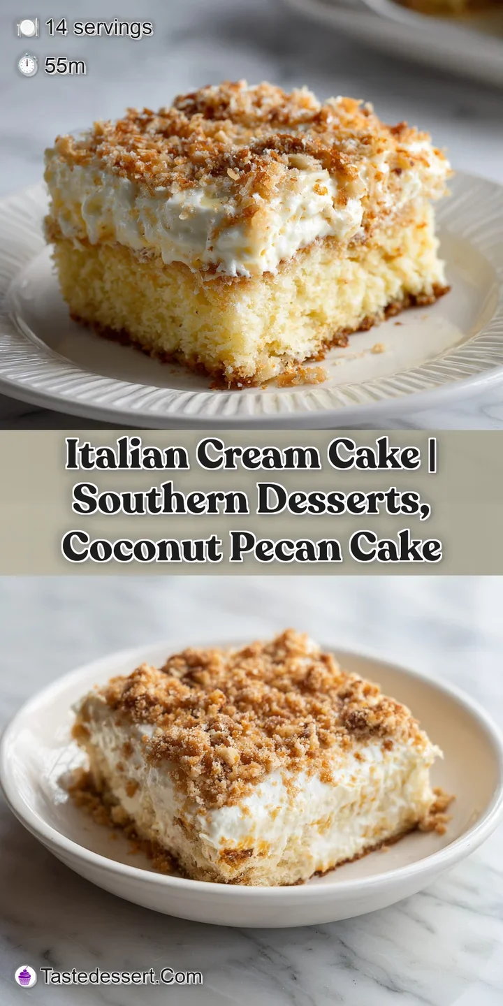 Close-up of a rich, creamy frosting cascading over moist cake, studded with golden toasted coconut flakes.