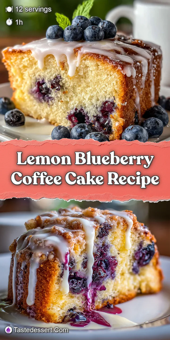 Close-up of lemon blueberry coffee cake. Plump blueberries bursting against a moist, golden crumb. Glaze with lemon zest.
