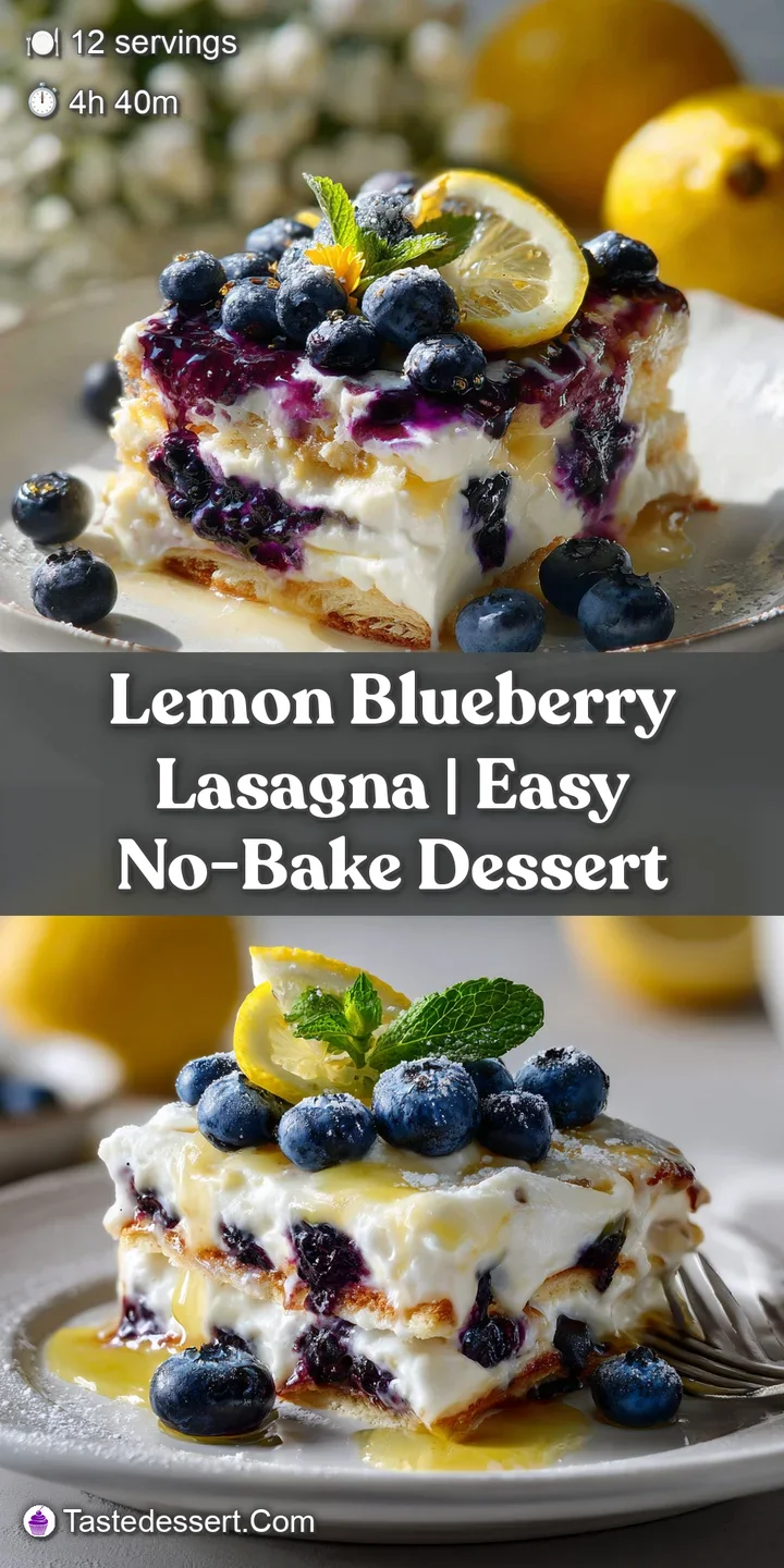 Close-up view of lemon blueberry lasagna reveals a soft, creamy texture dotted with juicy blueberries and golden crust edges.