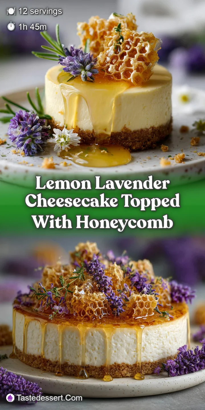 Close-up of creamy lemon cheesecake: visible lavender buds and a glistening, golden honeycomb candy on top.