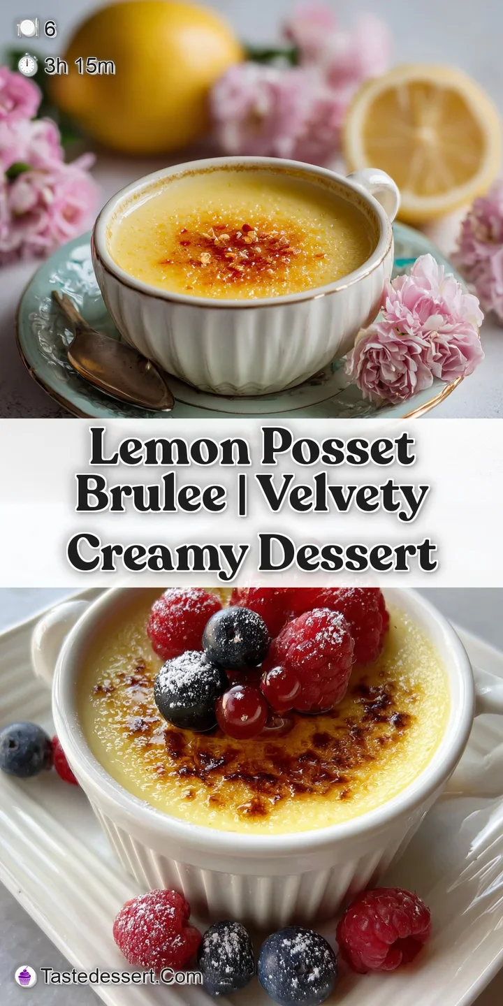 Close-up of creamy lemon posset brulee, showcasing the delicate caramelized sugar crust and luscious, smooth texture beneath.