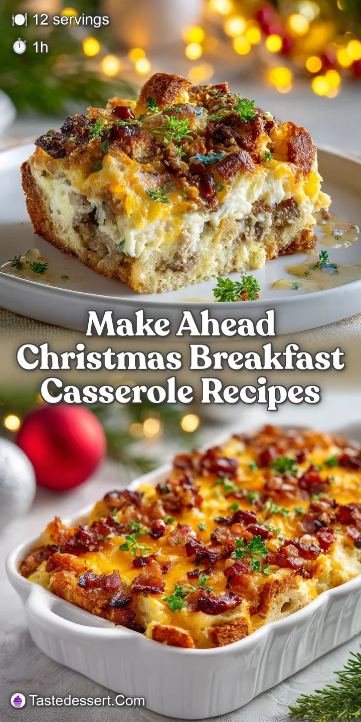 Close-up view of the Christmas casserole, showing a bubbly, custardy texture. Hints of browned cheese and colorful vegetab...