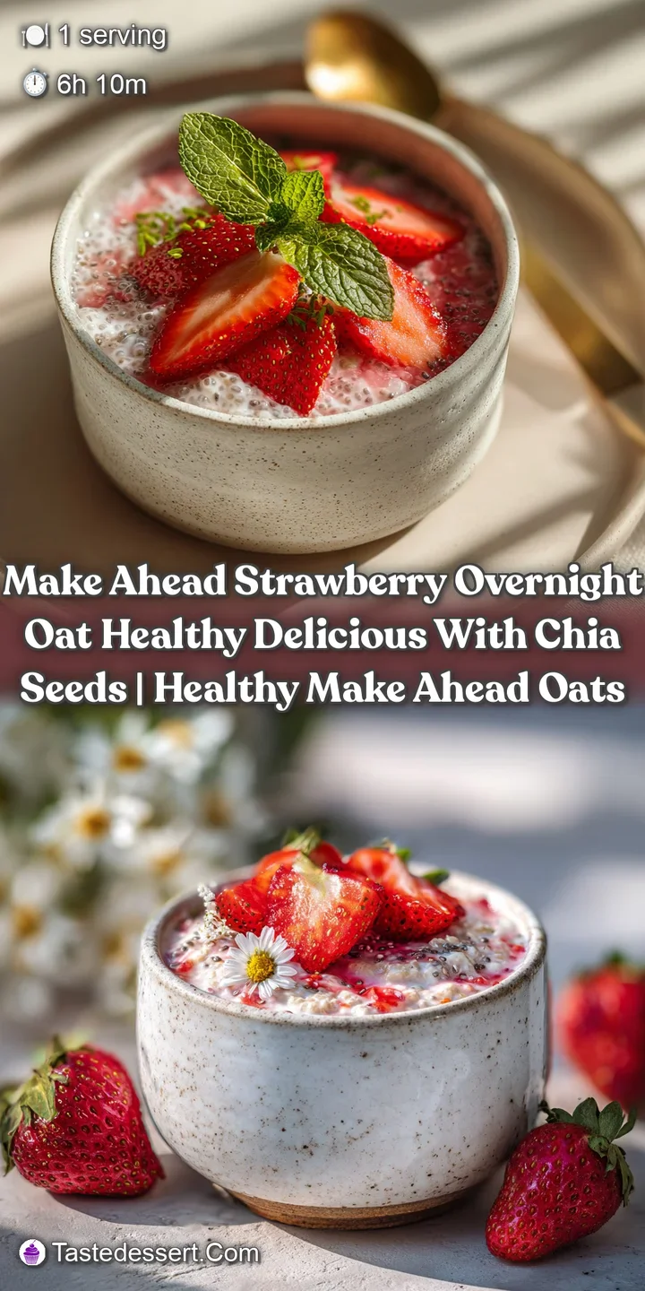 Close-up of a spoonful of creamy strawberry overnight oats; revealing a thick texture with visible chia seeds and juicy, f...