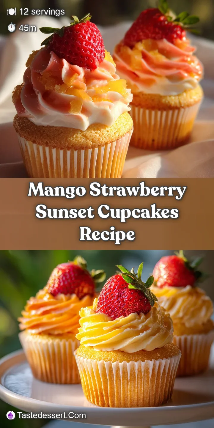 Close up captures the swirled frosting, soft texture of cupcake, & glistening red strawberry. Colors like a sunset.