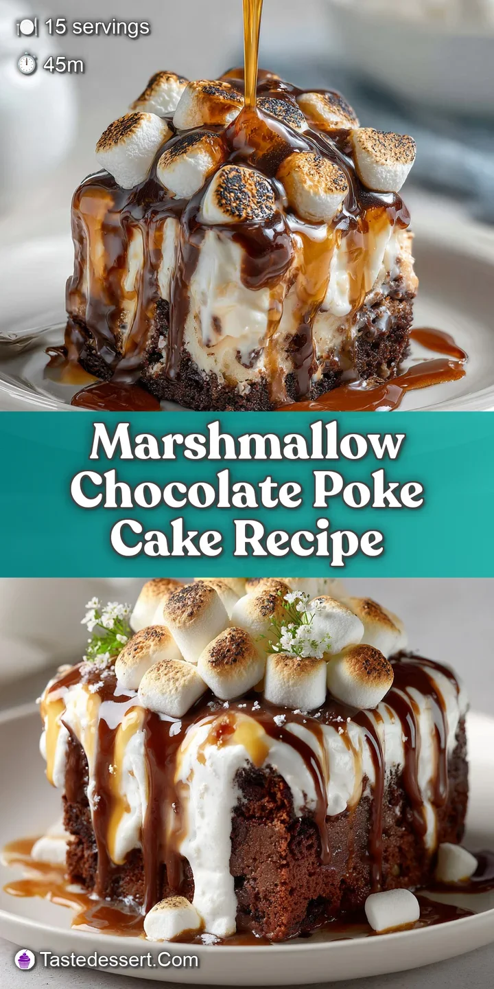 Close-up showcases the deep, dark chocolate cake with pockets of melted marshmallow, promising a sweet and gooey treat.